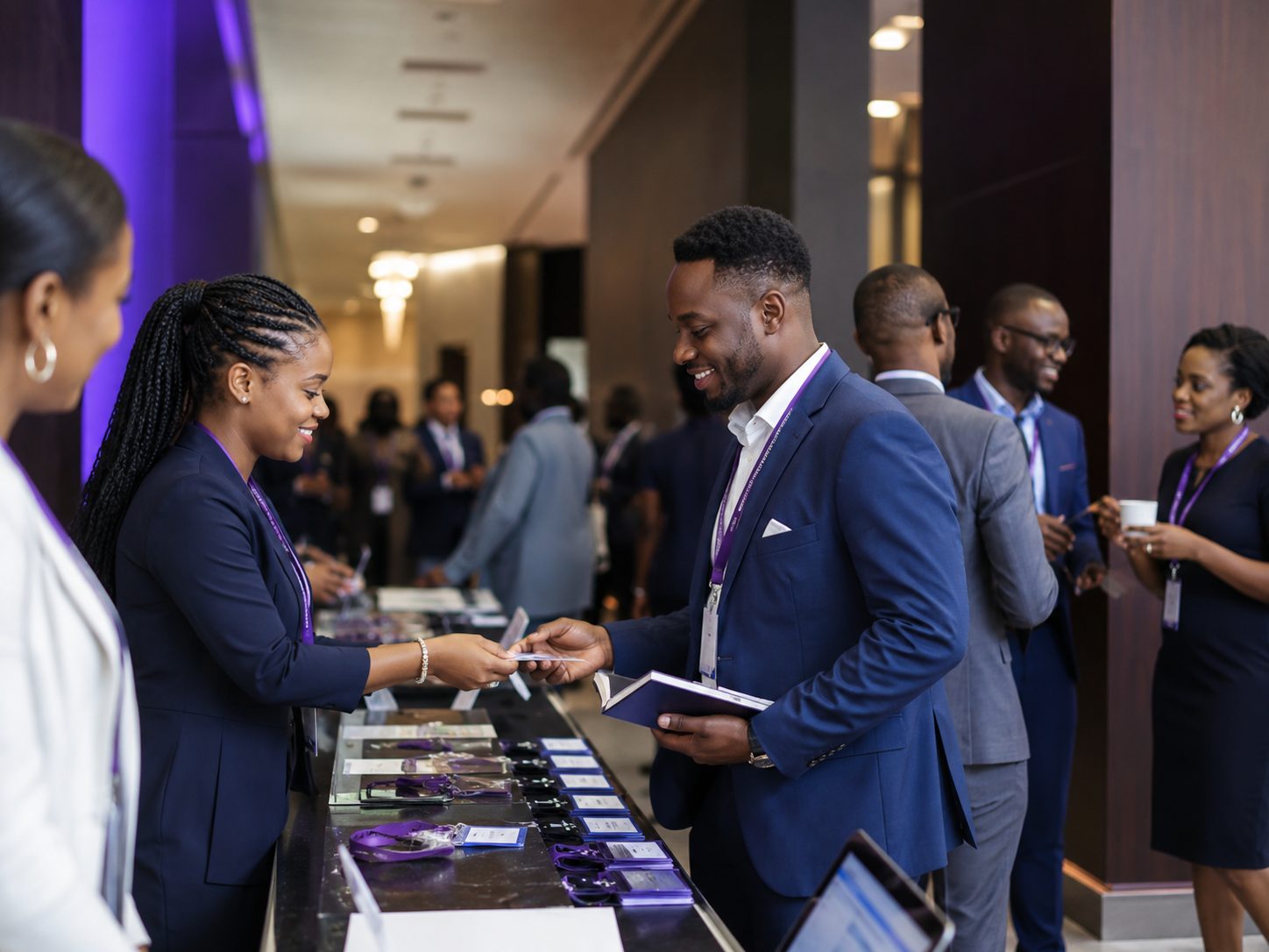Delegates at a branded conference registration desk